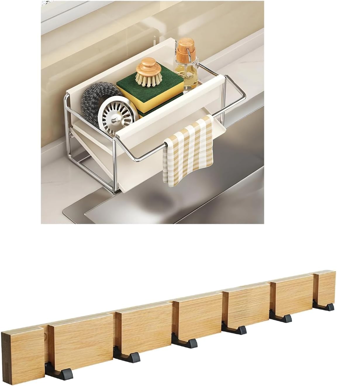 Self Draining Kitchen Sink Storage Rack & Coat Hooks 6 Hooks