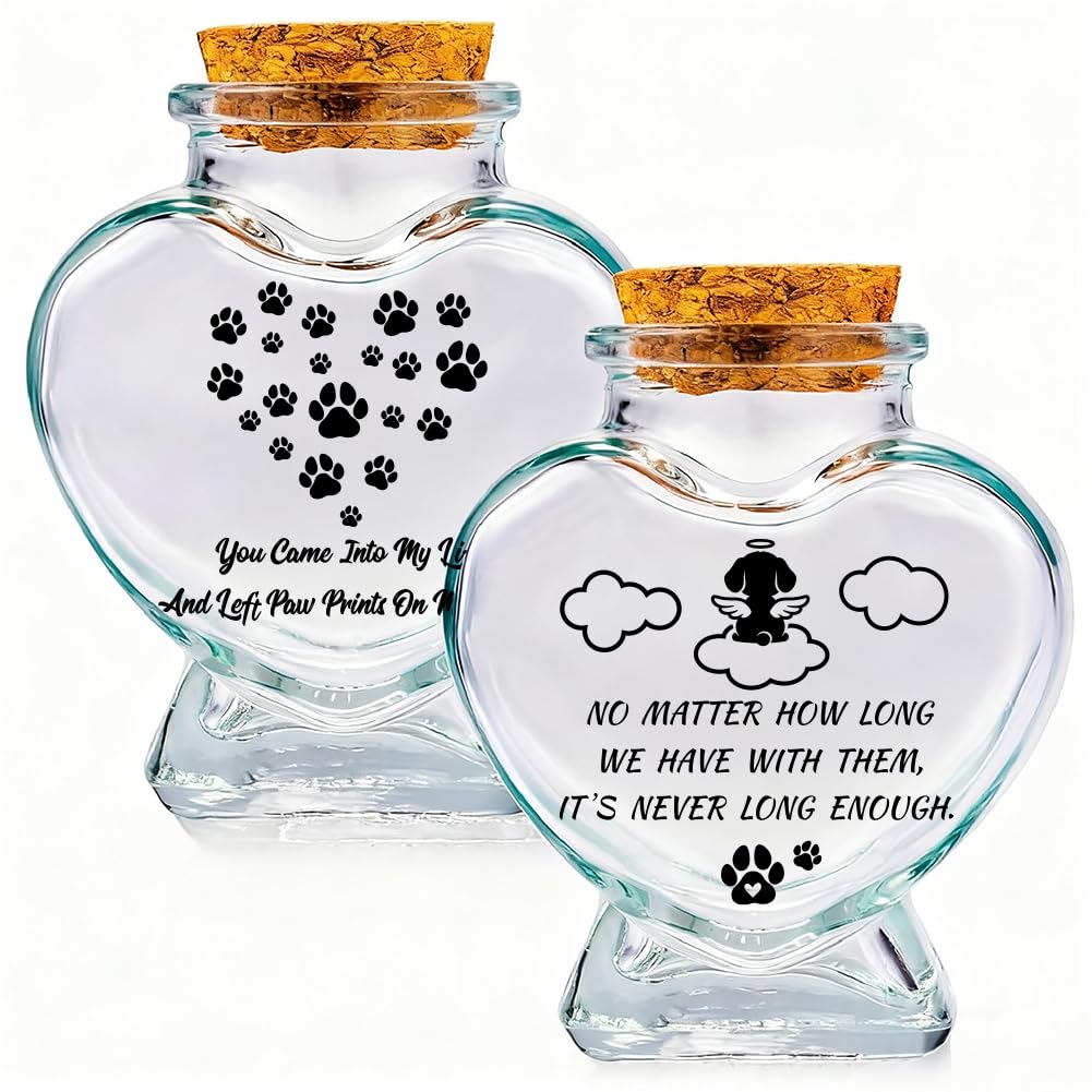 PRESSINART 2Pcs 2 Styles Pet Hair Keepsake Bottle 2.95 x 2.48 Inch Pet Memorial Jars with Cork Stopper Paw Print Heart Pattern Glass Heart Shaped Container Memorial Urns for Storing Dog Cat Ashes Hair