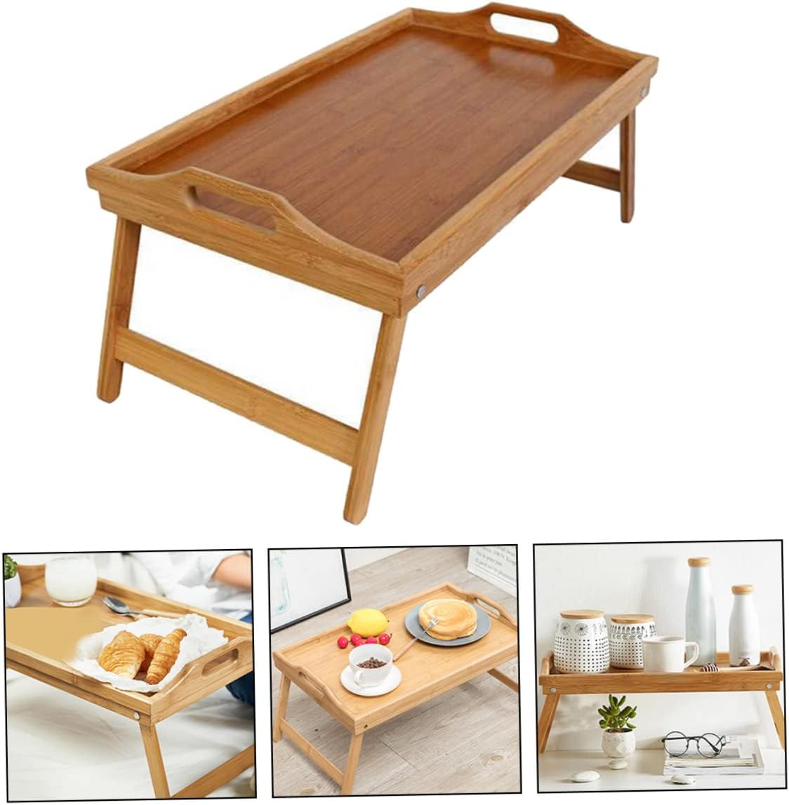 Multi-Functional Foldable Bed Tray Legs 21cm Adjustable Support Portable Bamboo Serving Table for Eating Working and Reading