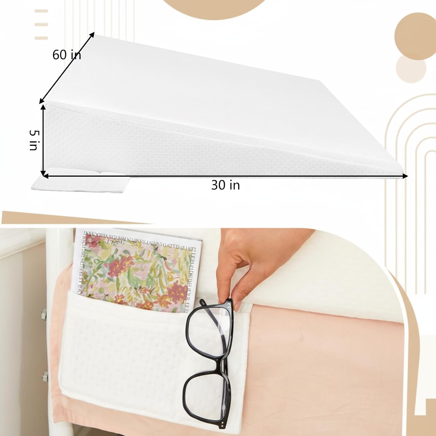 cinnvoice mattress wedge for acid reflux 5 inch queen size bed wedge under support mattress riser, memory foam top head riser incline topper, non-slip bottom side storage pockets white 5 inch queen
