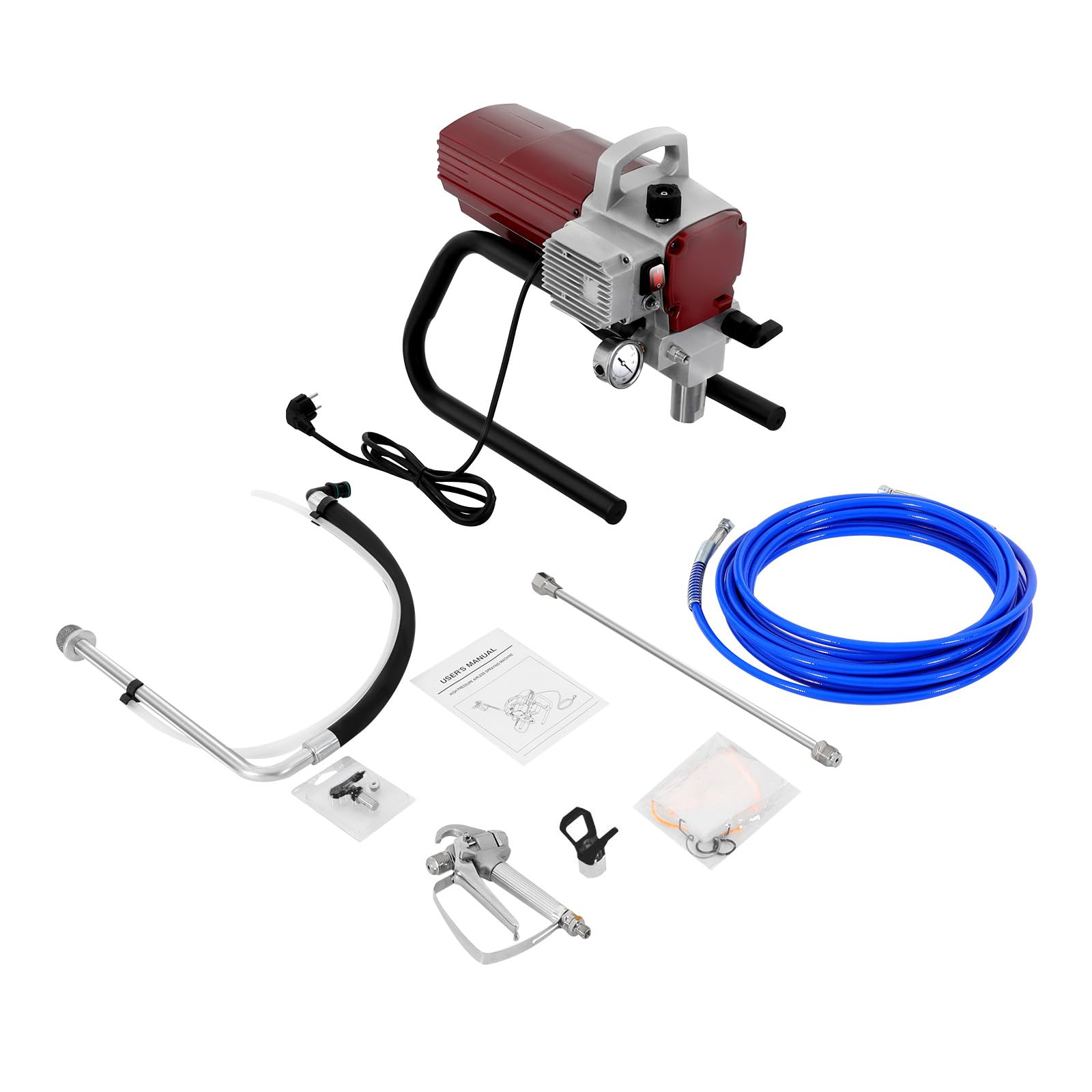 Pulverizador de pintura sin aire 1800 W, color rojo, 1,8 l/min, tubo 10 m, ancho 250 mm, regulador de presión, antifugas, ahorro de pintura, ideal edificio residencial comercial
