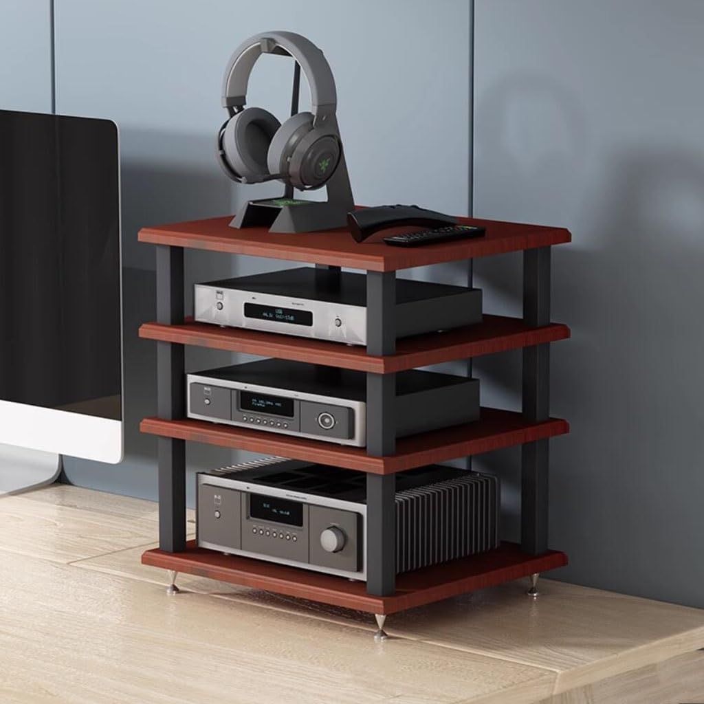 Armadietto audio a 4 ripiani marrone con mensola AV con supporto per giradischi, organizer moderno per sistemi home theater e collezione di dischi in vinile