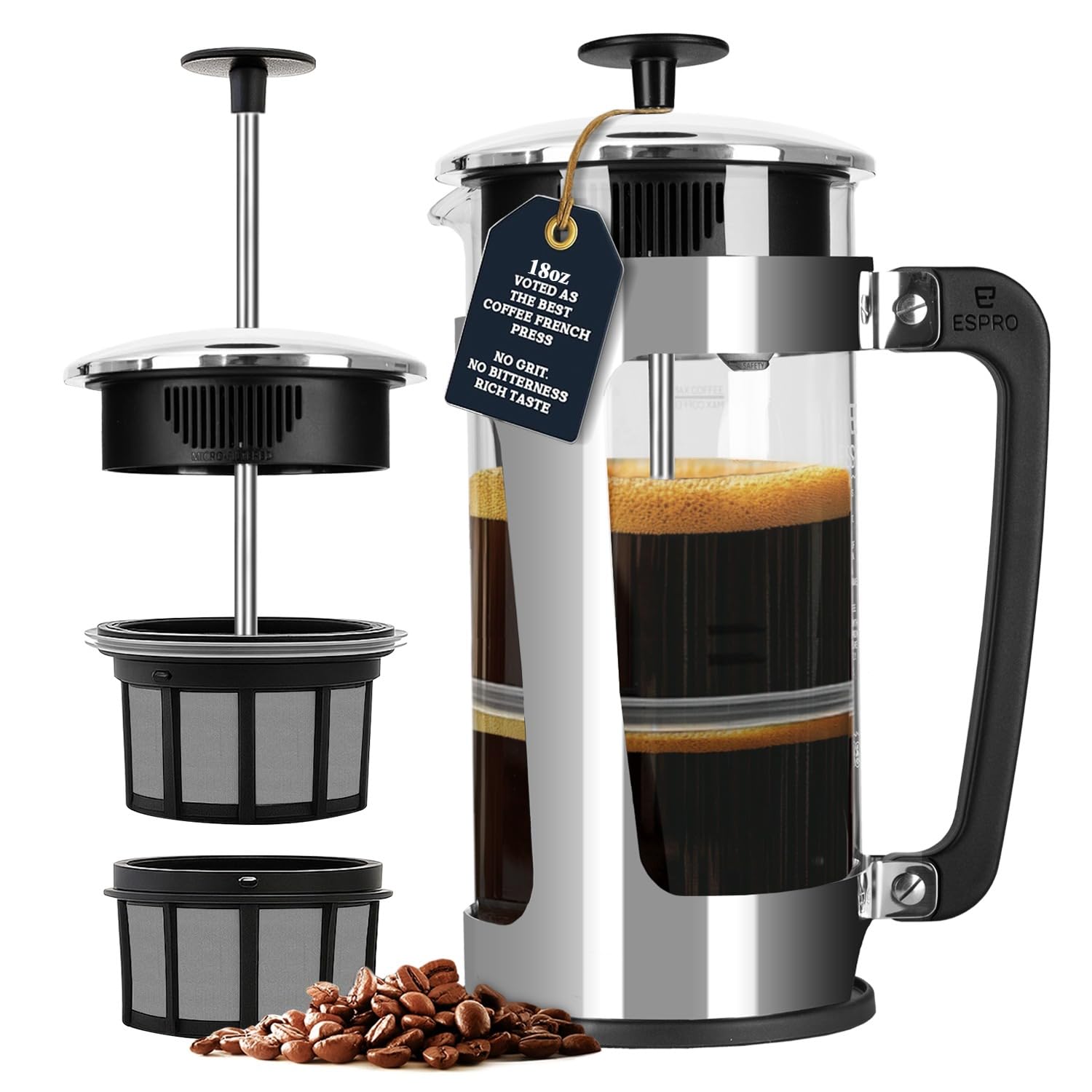 ESPRO - P5 Cafetiere 2 Cups French Press Coffee Maker – Patented Double Micro-filter for Sludge and Grit Free Brew Heat Resistance Borosilicate Glass - 18oz