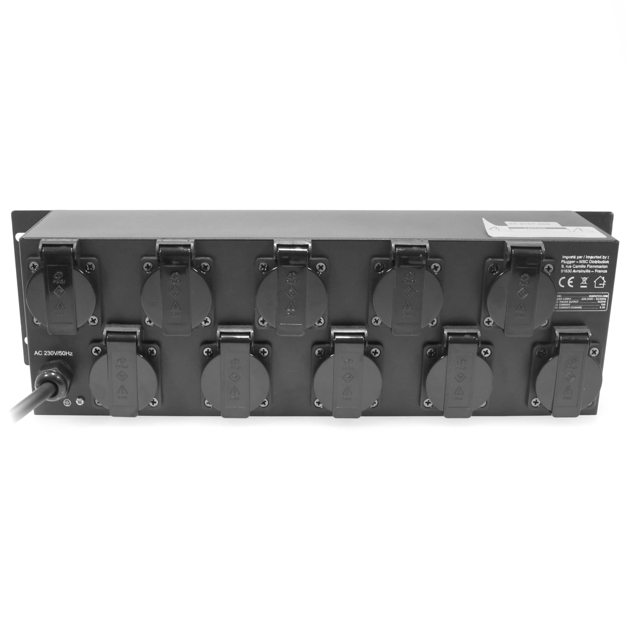 Boitier répartiteur 10 canaux Dispatch-10W Plugger. 10 Sorties 220V, avec 10 interrupteurs indépendants, 10 Boutons Flash, Protection par fusible. Format Rack 19".