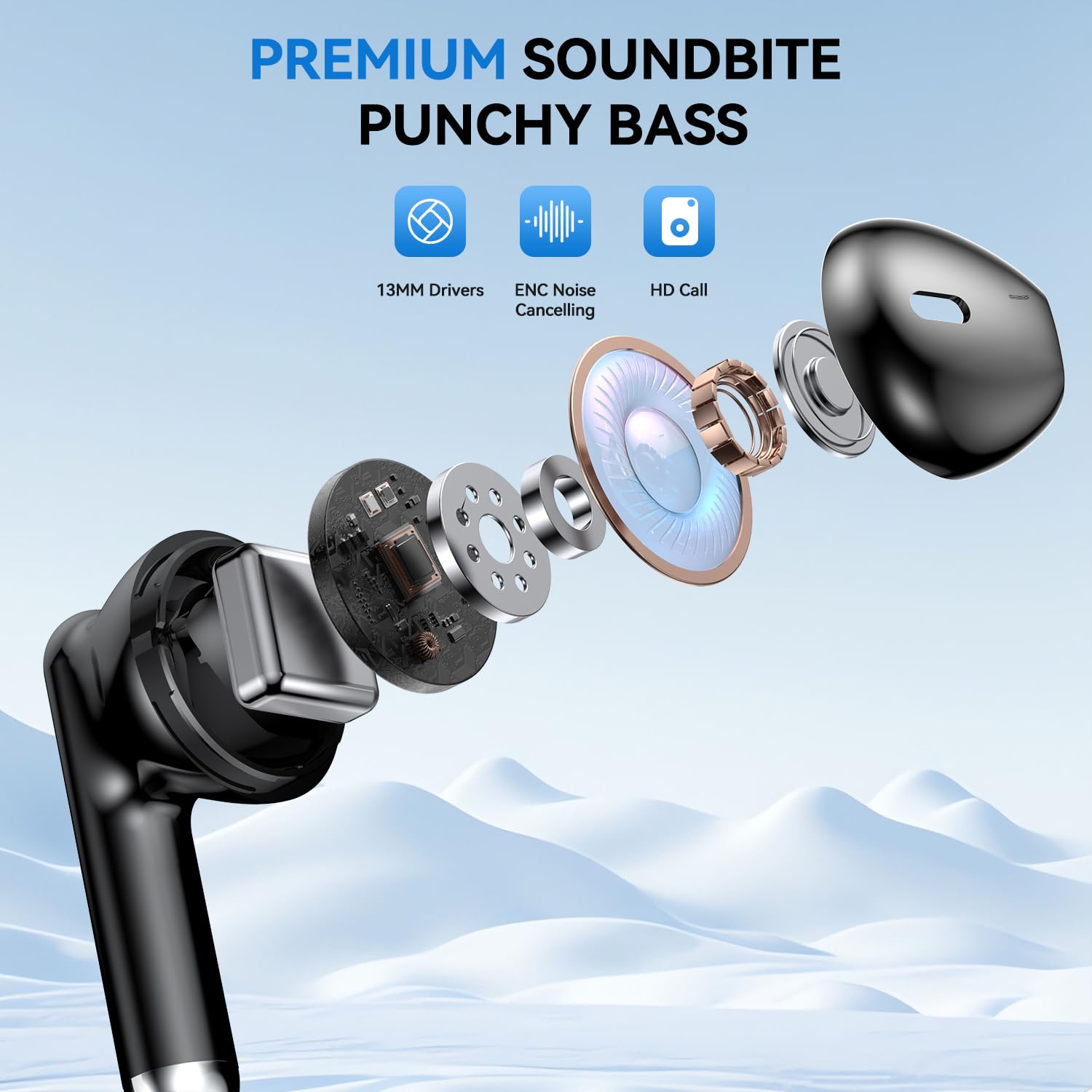 Wireless Earbuds, Bluetooth 5.4 Bass Stereo Headphones with 4 ENC Mic, 50H Playback Ear Buds with Charging Case LED Display,Sport Earphones IPX7 Waterproof for Phone, Android, Pad, DeepBlack - 3