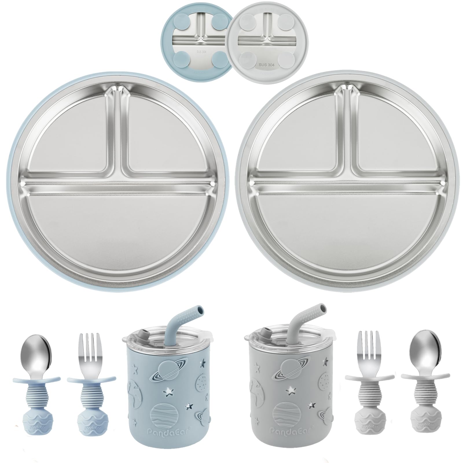 PandaEar Stainless Steel Baby Feeding Set | 2 Plates with Split Suction Cup, 2 Drip Cups with Straw and Silicone Coating, 2 Forks and 2 Spoons | BPA Free (Blue & Grey)-image-20