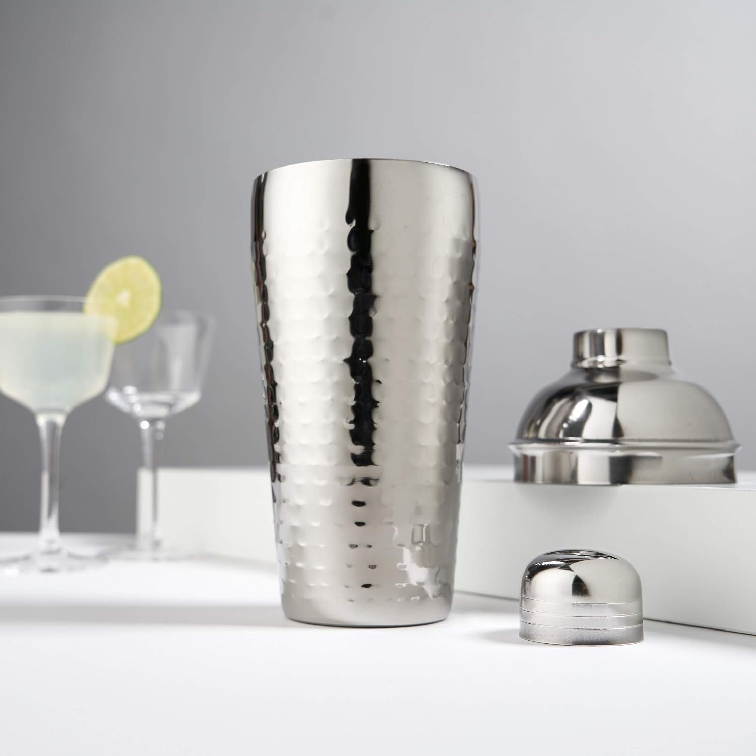 Viski Admiral Hammered Metal Cocktail Shaker, 24 oz Stainless Steel Cobbler Shaker With Strainer