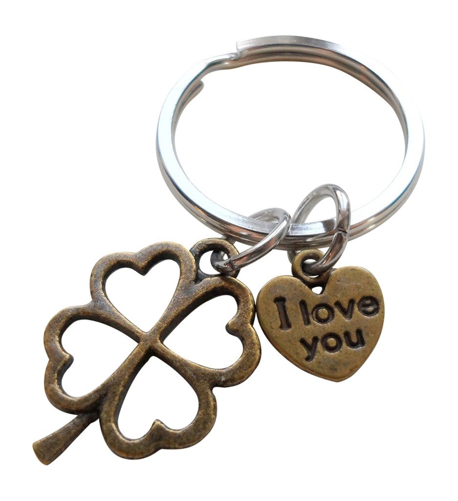 "I Love You" Heart Charm with Bronze Four Leaf Clover Keychain - Lucky to Have You