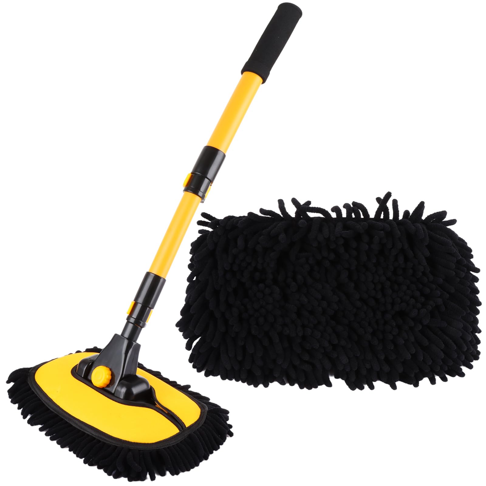 ASelected 15° Curved Car Cleaning Brush with Telescopic Handle,Microfiber Mop with Mittens Telescoping Long Handle Wash Mop for Car,Truck and Home Cleaning,Car Wash Mop with Curved Design Long Handle