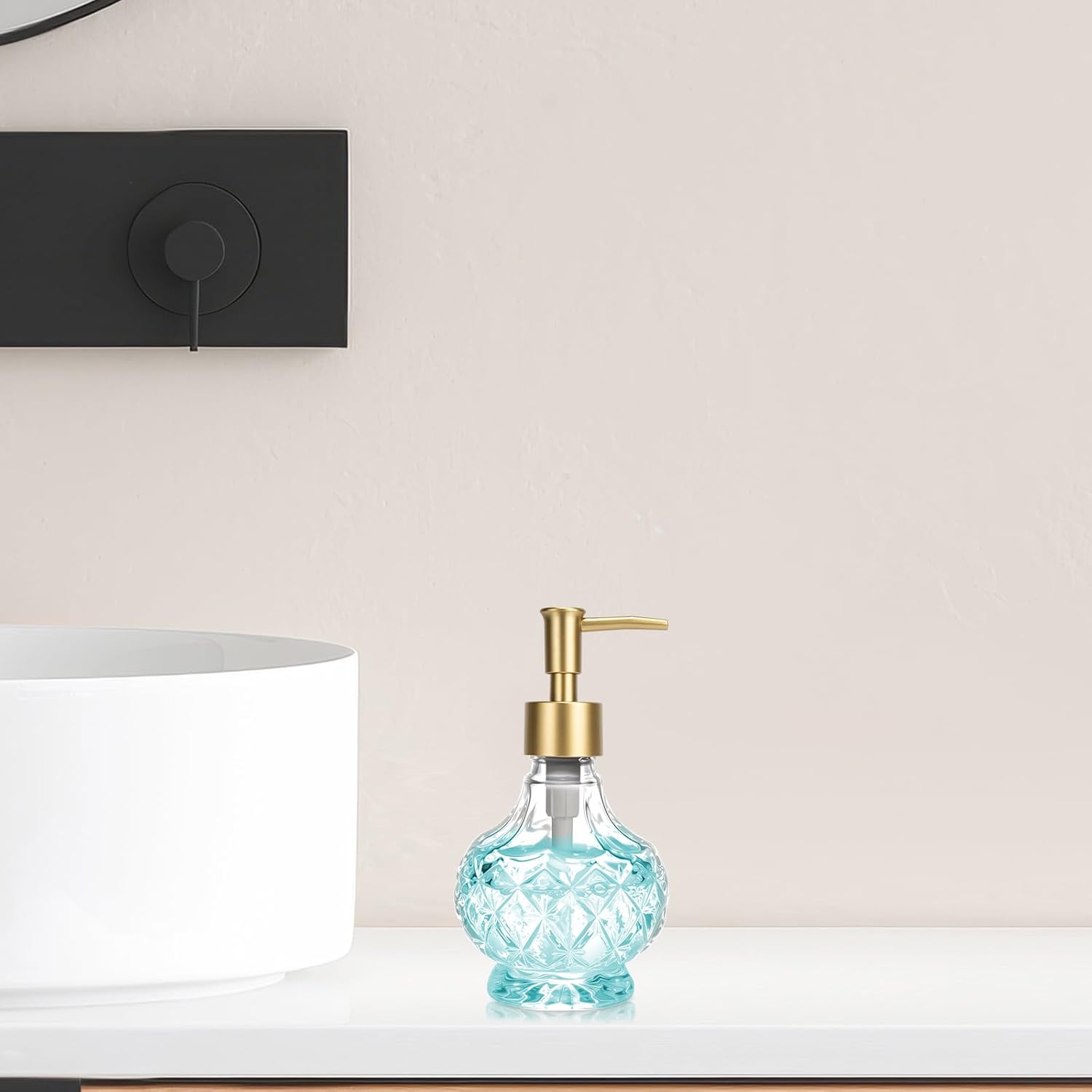 Glass Liquid Soap Dispenser Bathroom, Clear Crystal Design 8.5oz Kitchen Vintage Reusable Soap Dispenser with Rust-Proof Plastic Pump - Image 2