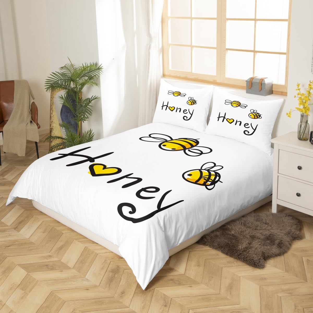 Loussiesd Bee Bedding Set Honey Hive Duvet Cover Set King Size White for Kids Boys Girls Cute Bee Comforter Cover Simple Soft Bed Cover Bedroom Collection 3Pcs - Image 2