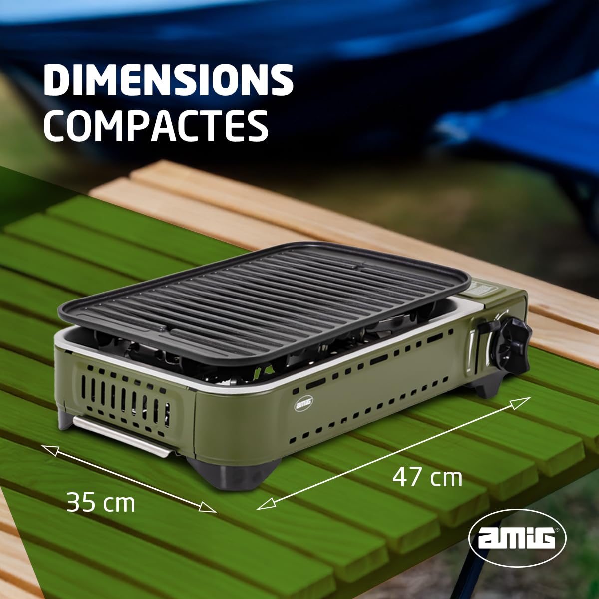 Amig - Réchaud a Gaz BBQ01K, Cuisine Portable, Kit Réchaud Grill - Grille en Fonte d'Aluminium et Plancha avec Couvercle de Cuisson, Plateau Ramasse-Graisse en Acier Inoxydable, 1,8 kW