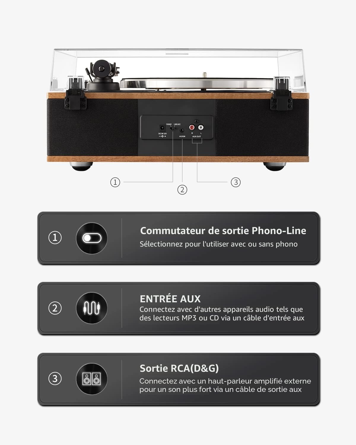 ANGELS HORN Platine Vinyle Tourne Disque Vinyle Bluetooth HiFi avec Haut-parleurs Préamplificateur Phono intégré 33/45 TR/Min et Micro AT-3600L