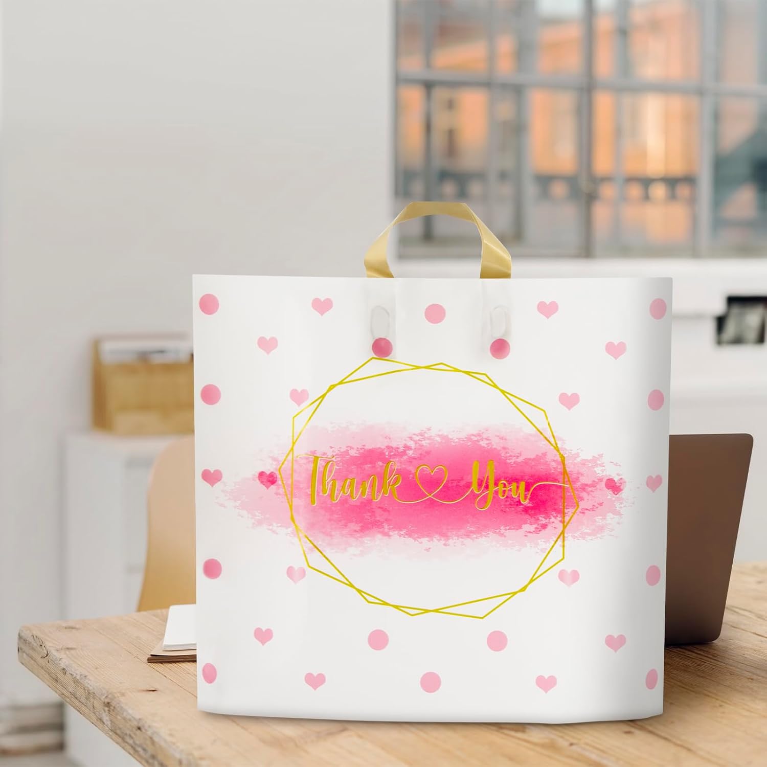 WAKAKO 60Pcs Thank You Bags Plastic Shopping Bags with Handles, Extra Large Thick 18 x 16 Inch Retail Merchandise Gift Bags for Small Business, Polka Dot Heart - Image 2