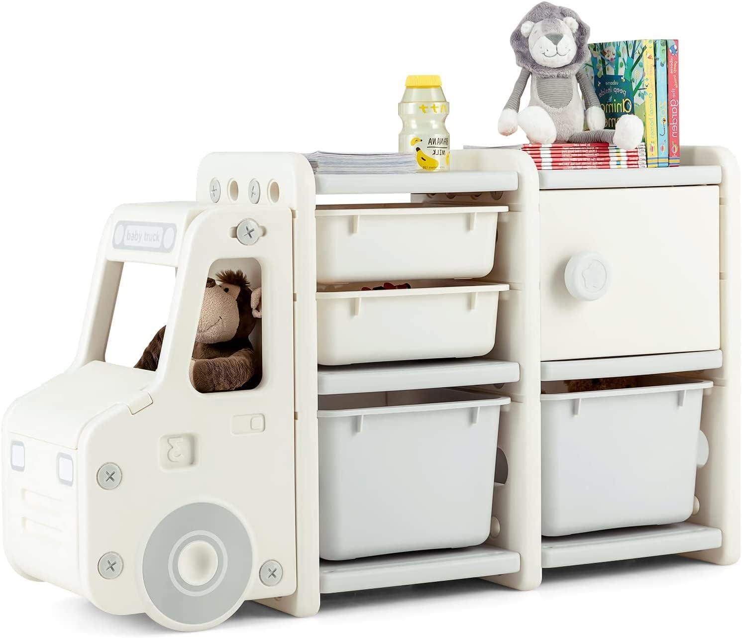 Hcosmy Toy Organizers and Storage, Kids Toy Chest with Large Storage Bins, Pull-Out Drawers, Multipurpose Bookcase Shelf to Organize Toy, Book for Playroom, Bedroom, Nursery (Medium)