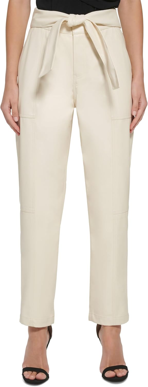 DKNY Women's Faux Leather Pull On Tie Waist Pants Buttercream 16