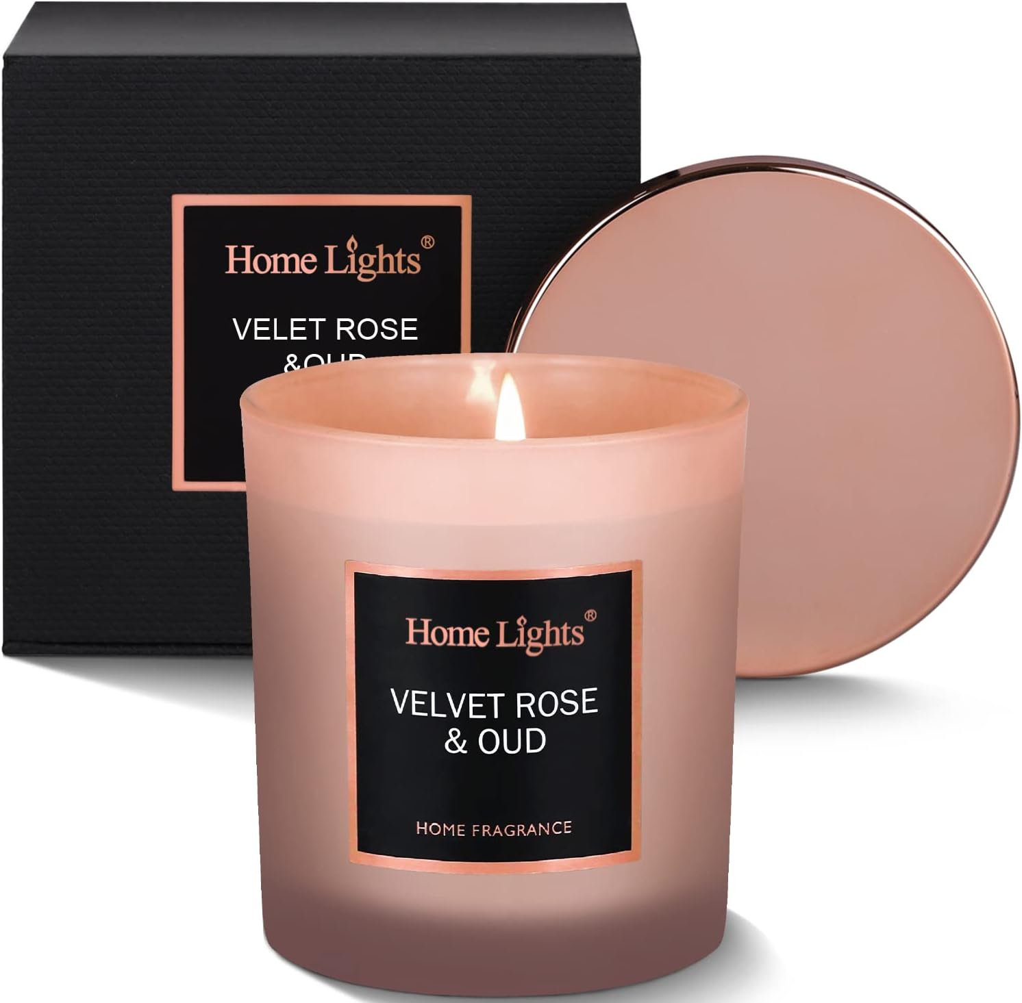 HomeLights Luxury Scented Candle, Natural Soy Wax, Home Fragrance Decor Gift, Velvet Rose & Oud, Medium Jar