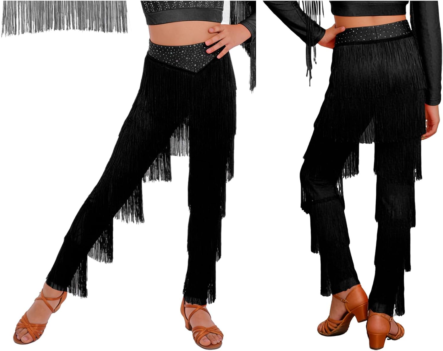 Jhaoyu Kids Girls Sparkly Jazz Cha Cha Dance Pants Tiered Fringes Latin Dance Pants Ballroom Samba Tango Dancewear