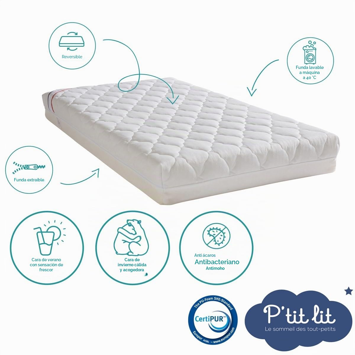 P'tit Lit Colchón cuna bebé Climatizado, 60x120 cm, 2 lados: transpirable en verano / cálido y acogedor en invierno, Antiácaros, Desenfundable, OekoTex, Hecho en Europa