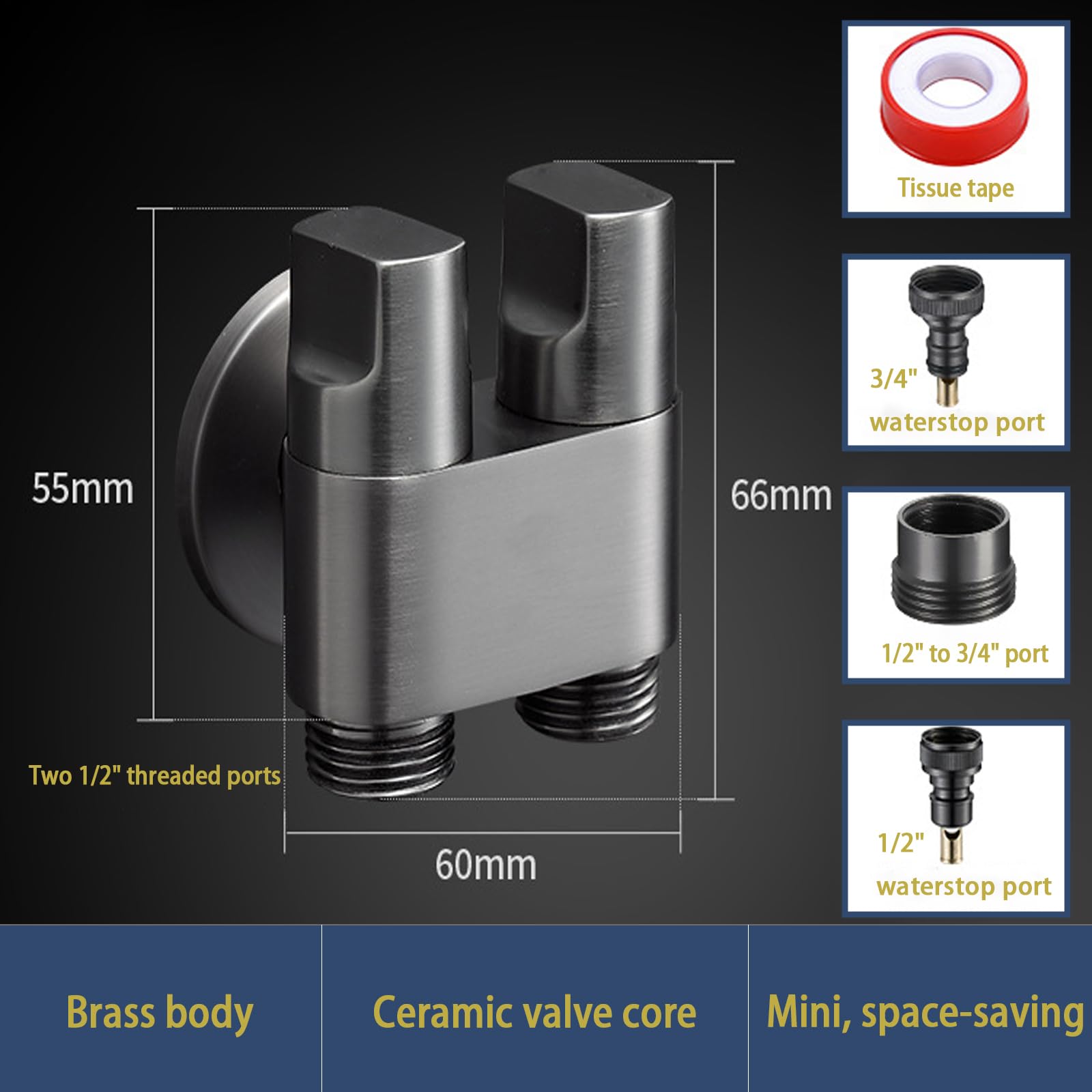 Robinet de machine à laver,laiton robinet lave linge, avec arrêt d'eau, vanne d'angle de robinet de machine à laver, pour Machine à Laver, Toilettes, équipé de raccords 1/2 et 3/4 (Dual outletsASIN)