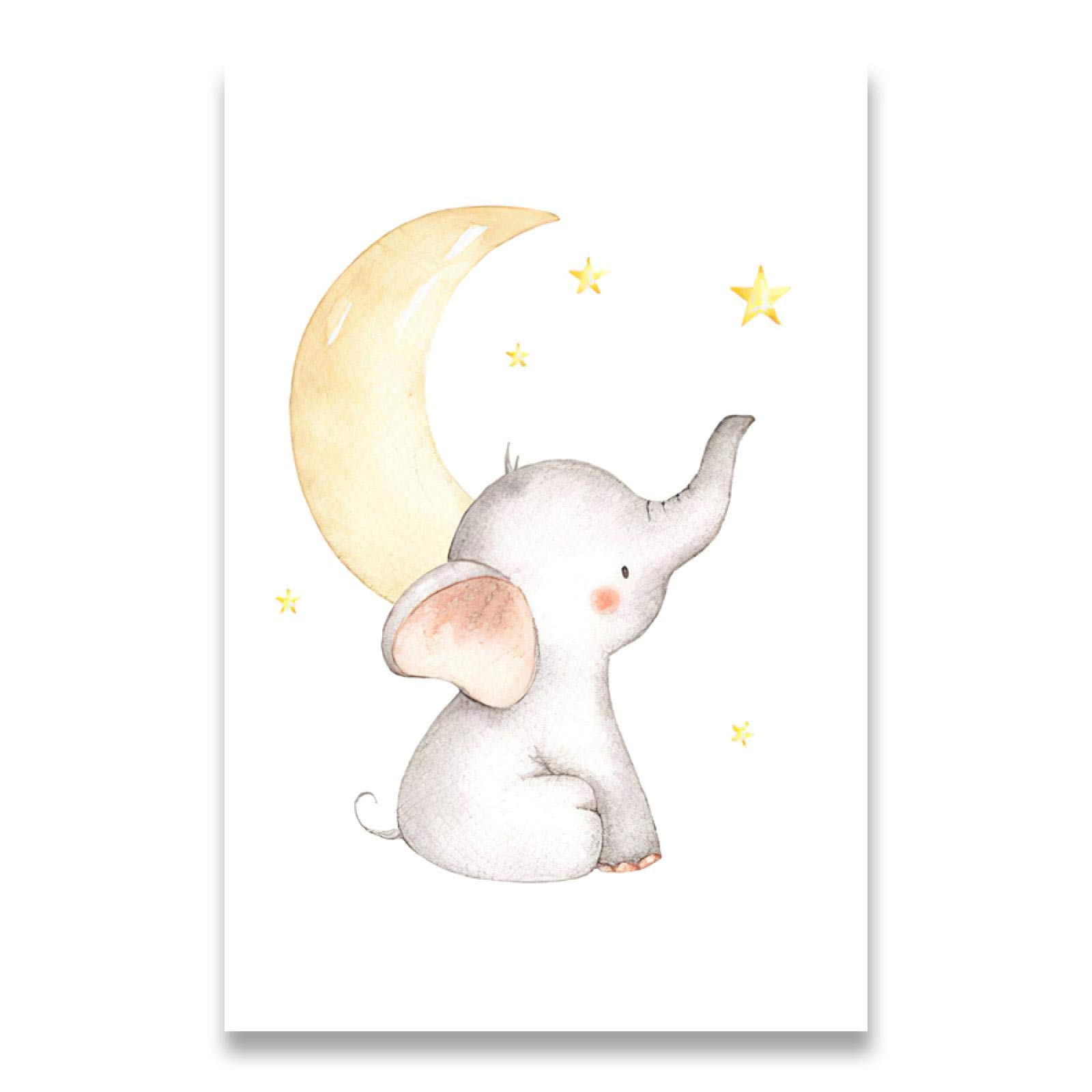 Arte de la pared Pintura Elefante Luna Estrella Bebé Animal Guardería Póster Niño Lienzo Impresión Simple Nórdico Niños Habitación Decoración Imagen 50x70cm (20x28in) x3 Sin marco
