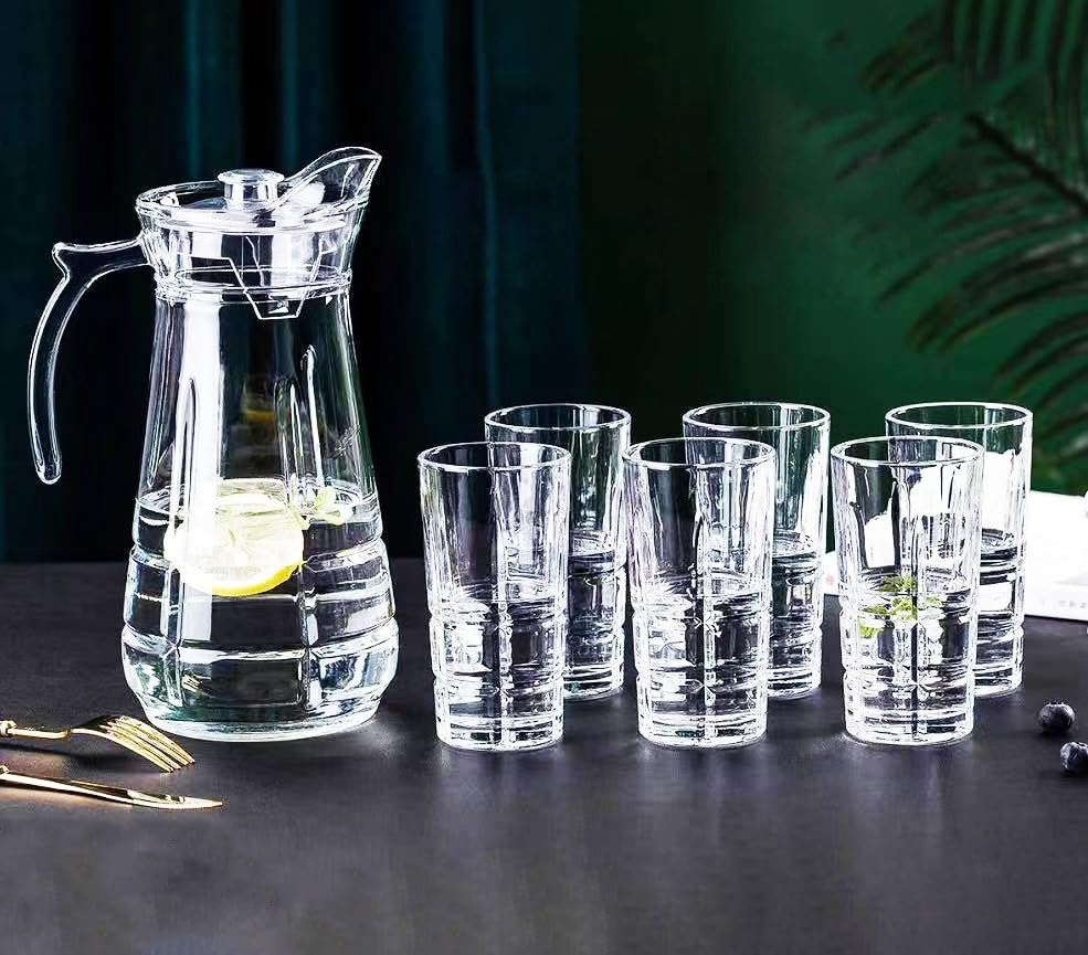 Image of Premium Water and Juice Glasses and Jug Set Combo [6 Piece Glass 350ML & 1 Piece Jug 1.6 Liter] Transparent Pitcher Set for Dining Table, Home & Restaurant,Party (MTS - 26)
