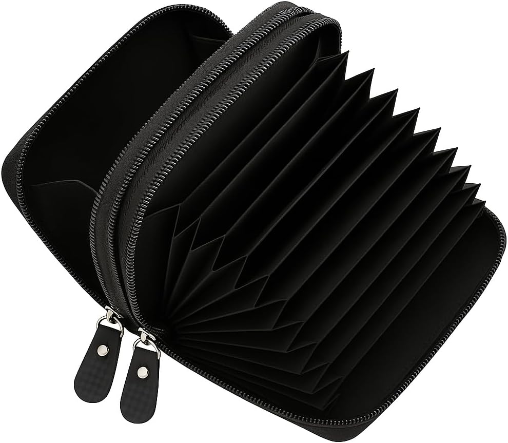 Genuine Leather Credit Card Holder Wallet Accordion Double Zipper with Id window