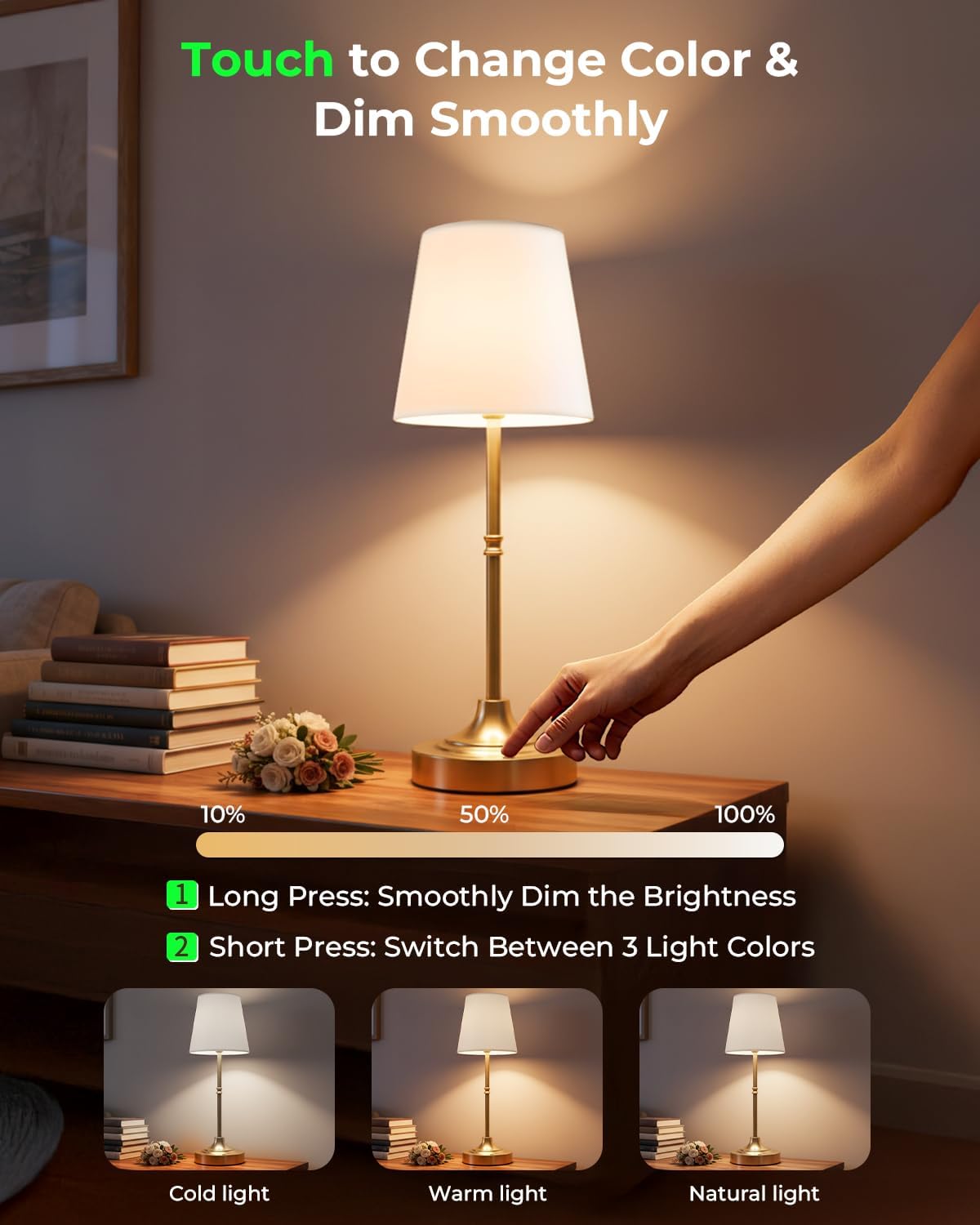 Gold Cordless Rechargeable Table Lamp, Touch LED Bedside Lamp, 5200mAh Battery Operated Lamp, 3 Shades + 3 Color Stepless Dimming, Portable Wireless Small Table Lamp for Bedroom,Kitchen