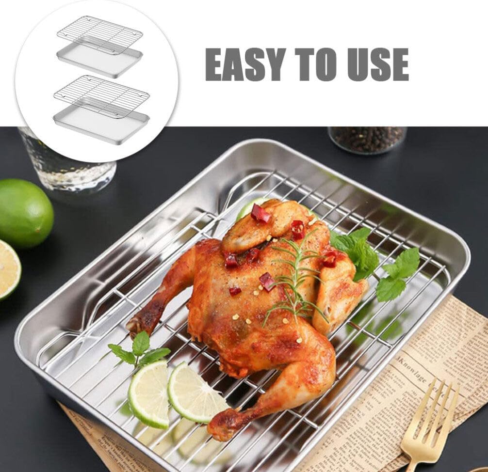 2sets Stainless Steel Baking Tray with Wire Rack Non-stick Baking Sheet and Cooling Rack for Cookies Bread and Pastry Kitchen Essentials