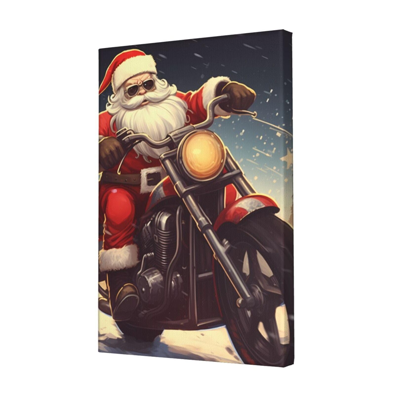 FodPand Santa Claus Biker Riding Canvas Wall Art for Living Room Wall Decor 12"x18" Modern Artwork Painting Pictures Hanging Canvas Prints Aesthetic Wall Art for Bedroom Bathroom Office Wallart Decor