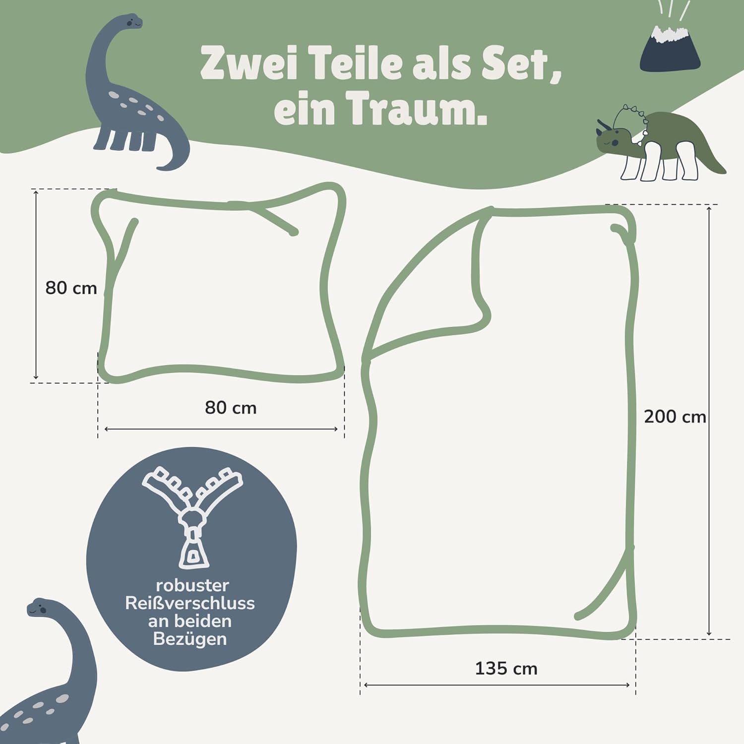 Familando Dino Bettwäsche Set 2-teilig 135x200 80x80 cm – Kinderbettwäsche Dinosaurier Triceratops Brachiosaurus Grün - 100% Baumwolle mit Wendemotiv – Atmungsaktiv & hautfreundlich - Öko-TEX
