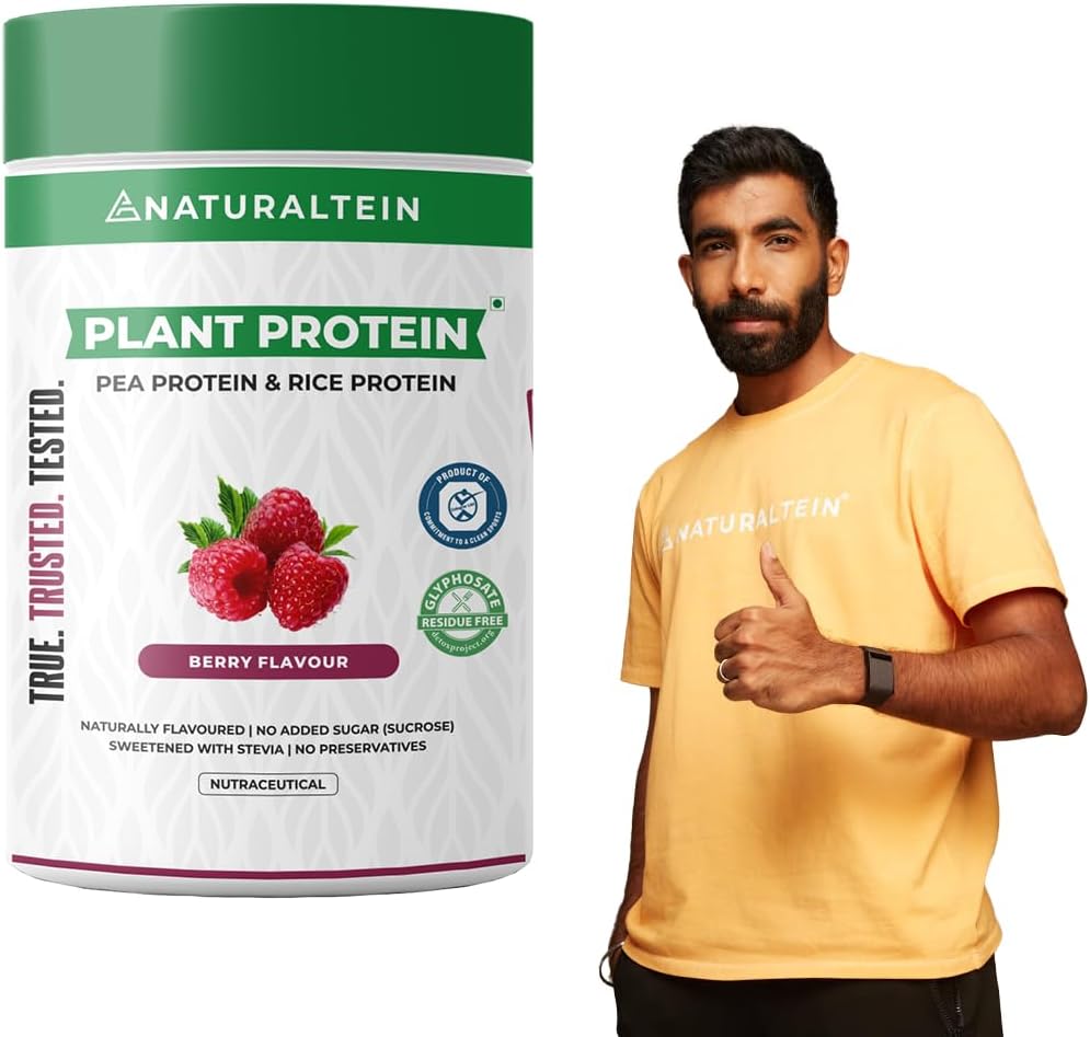 NATURALTEIN Plant-Based Protein – 500g (Berry Flavour) | 21.5g Protein per Serving | Naturally Sweetened with Stevia | Non-GMO, Soy-Free, No Artificial Ingredients | 100% Natural, Vegan & Clean Nutrition