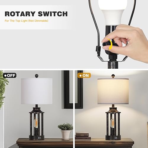 Miniatura 6 de Juego de 2 lámparas de mesa de granja, lámparas vintage para sala de estar con 2 puertos USB, lámpara de dormitorio regulable de 3 vías con control