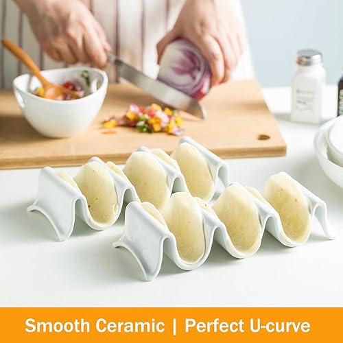 Miniatura 5 de Juego de 2 soportes para tacos, bandeja grande de porcelana para tacos con asas, platos reutilizables y apilables, perfectos para burritos y