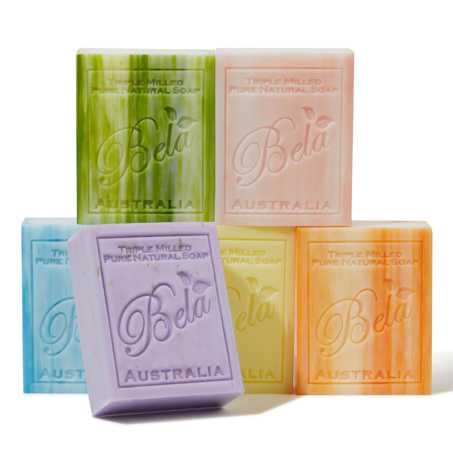 BELA - Triple Milled Pure Natural Soap Bars - Assorted, 3.3 oz (Pack of 6) - Organic Shea Butter - Rich Creamy Lather - Triple French Milled - Long Lasting - Made in Australia