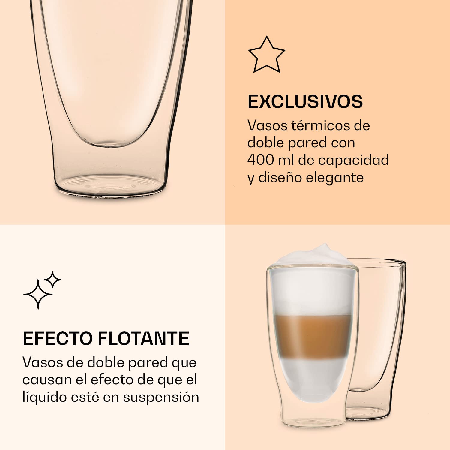 Juego de vasos dobles de cristal DUOS (4 vasos de 400 ml), vasos de cóctel térmicos. Aptos para: latte macchiato, cappuccino, té, té helado, zumo, agua, cola, cócteles. Vasos DUOS de Feelino