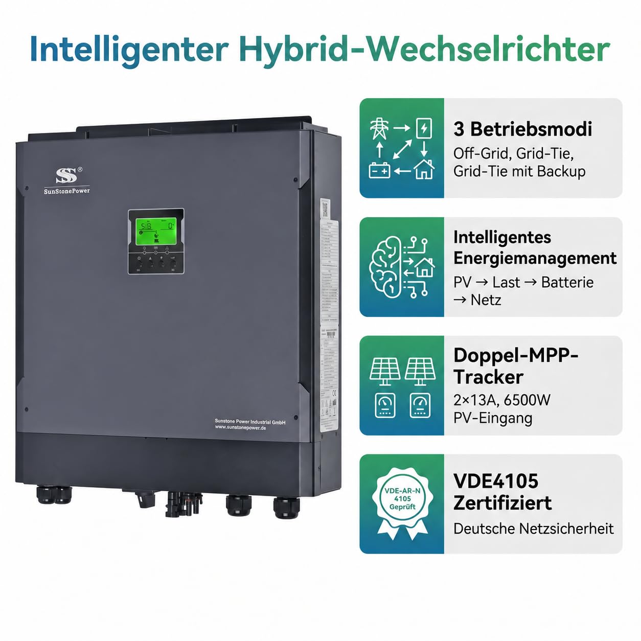 5500W 48V Hybrid-Wechselrichter 230V mit MPPT Solar-Laderegler, Off-Grid & Netzbetrieb, LiFePO4/Blei-Säure kompatibel, Backup-Funktion, 0% MwSt