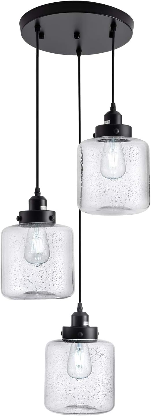 Weesalife Industrial Pendant Light with Seeded Glass Shade Black 3-Lights Cluster Pendant Lighting Adjustable Retro Style Hanging Light Fixture for Kitchen Island, Dining Room, Foyer, Farmhouse