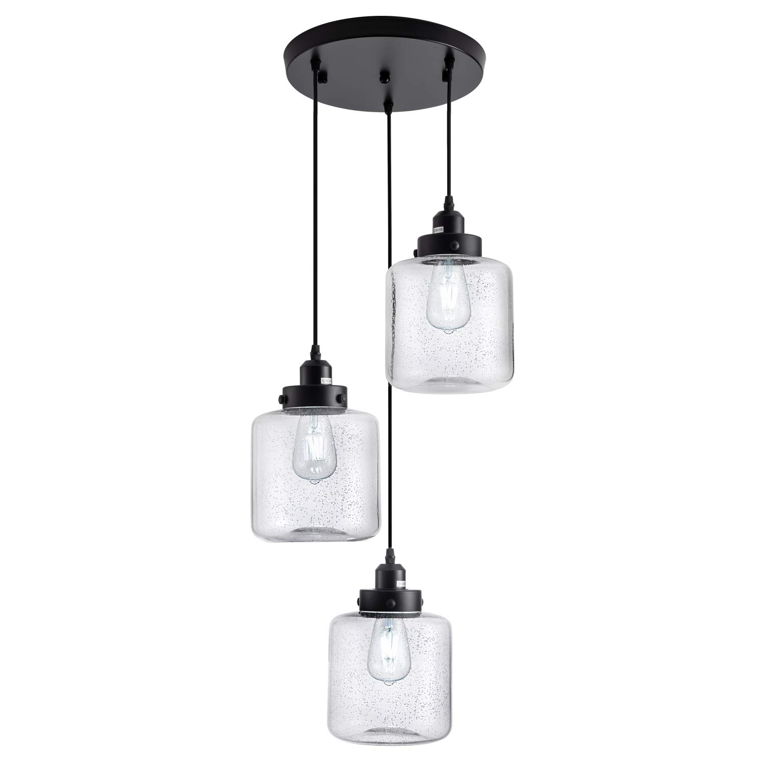 Weesalife Industrial Pendant Light with Seeded Glass Shade Black 3-Lights Cluster Pendant Lighting Adjustable Retro Style Hanging Light Fixture for Kitchen Island, Dining Room, Foyer, Farmhouse