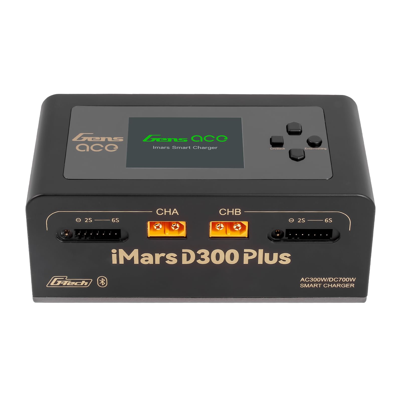 Gens ace iMars D300 Plus Bluetooth Smart Ladegerät, Dual-Channel AC/DC RC Akku Lader, AC 300W / DC 350W×2, max. 16A, für 2–6S LiPo, Schwarz