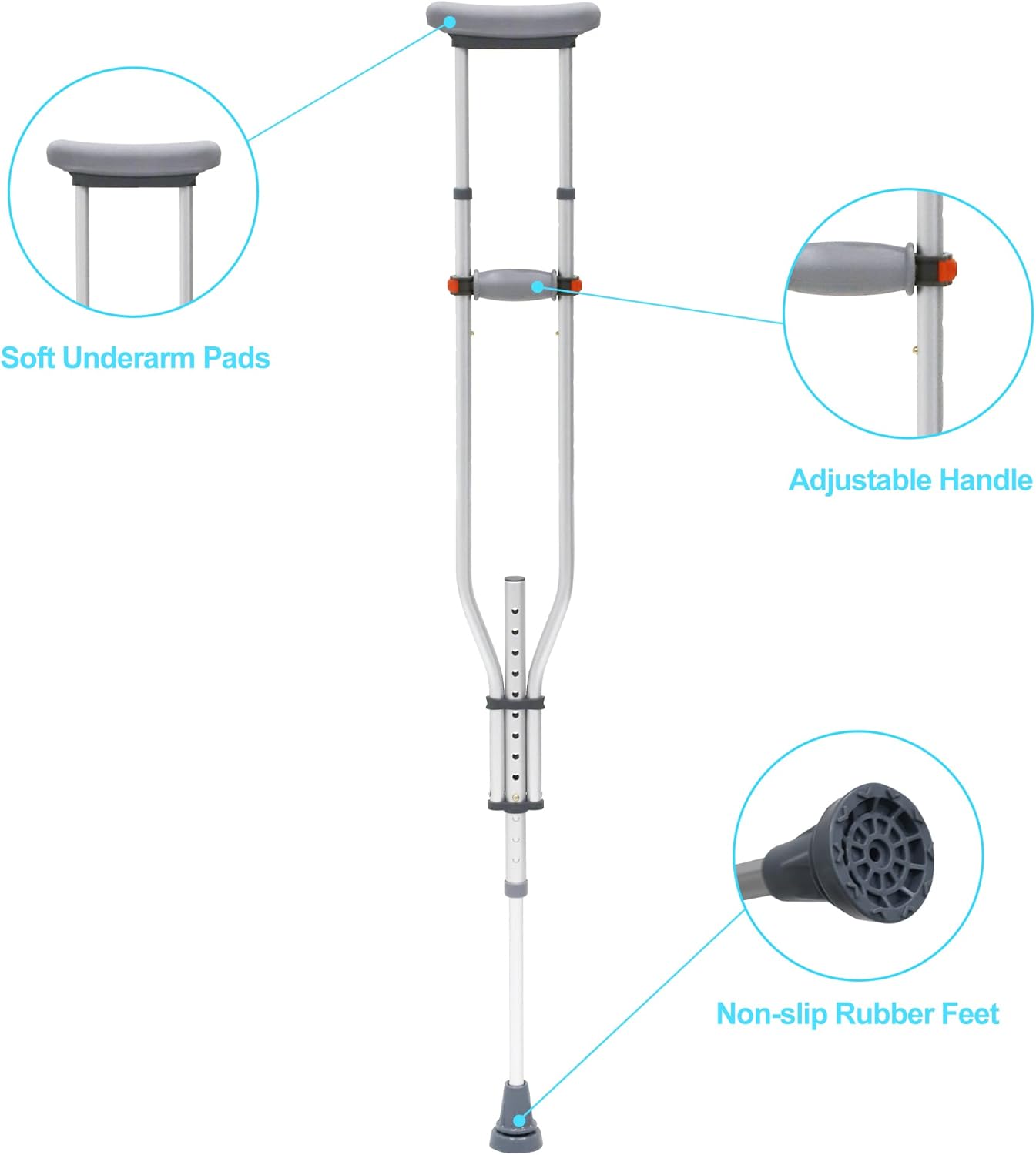 Endynino 1 Pair Adjustable Crutches for Adults, Teenagers, Lightweight Aluminum Crutches w/Comfortable Underarm Pads & Rubber Handle & Non-skid Feet for Walking