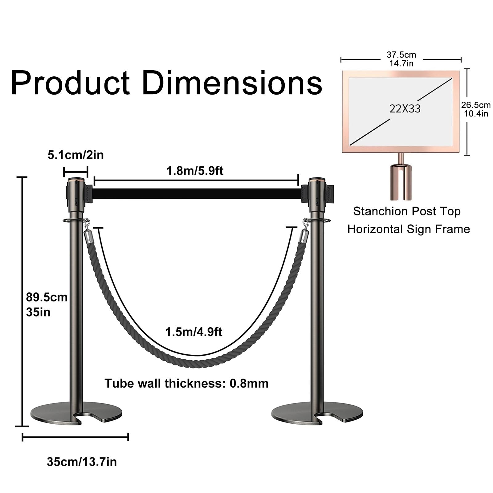 2 postes de soporte con soporte horizontal para carteles, cinturón retráctil de 6 pies y cuerda de terciopelo de 5 pies, barrera de control de multitudes de acero inoxidable para fiestas