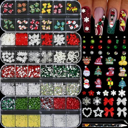 Christmas Nail Charms - 3D Bow Nail Charms Pearls Red & Green Nail Rhinestones Santa Snowman White Snowflake Metal Caviar Beads with Kit for Nail Art Gift