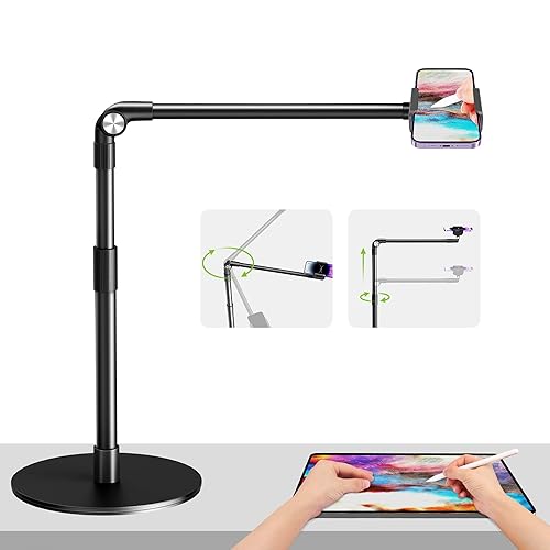 elitehood Heavy Duty Aluminum Overhead Phone Stand, 15 in Long Arm iPhone Holder for Video Recording, 360 Degrees Swivel Tilt Overhead Phone Mount for Filming, Meeting, Cooking, Painting and Crafting - Desk Stand