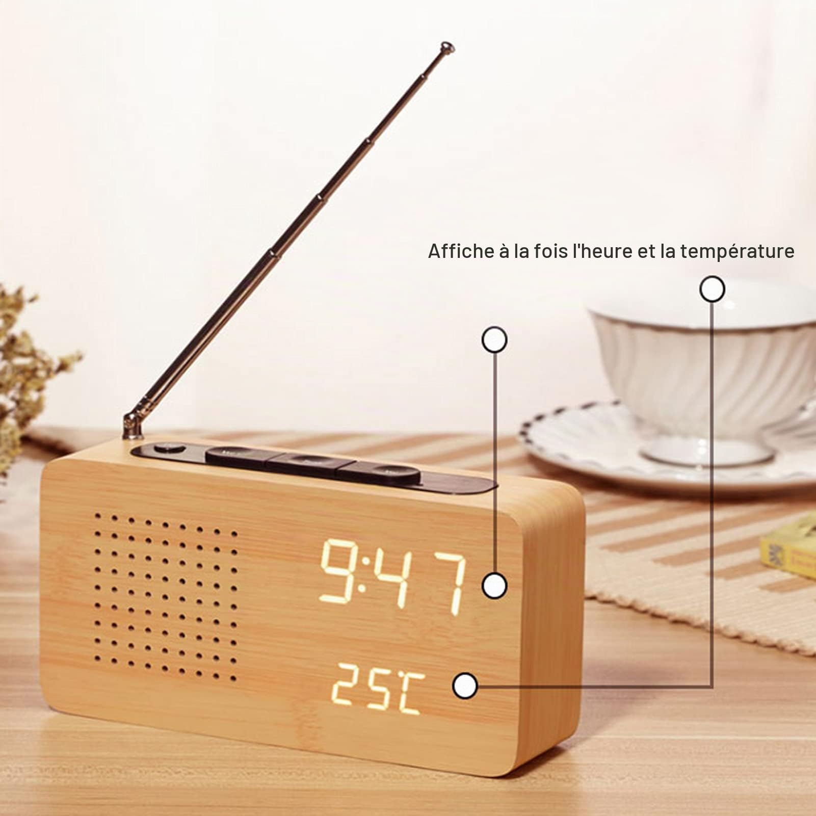 Radio-réveil, Radio de Chevet rétro multifonctionnelle Radio-réveil en Bois Haute définition Grand écran Radio-réveil à Affichage numérique