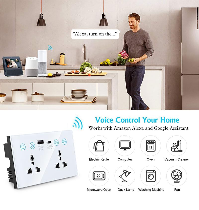 WiFi Bluetooth Smart Wall Outlet 2 sockets 2USB Charging Port Compatible with Alexa App and Voice Control Use — view 3