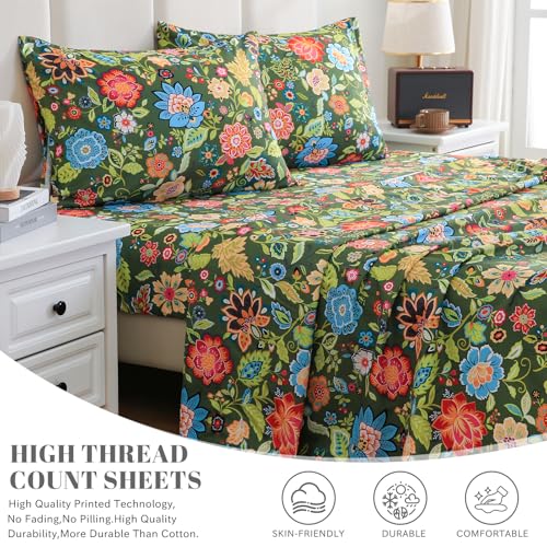 Bedlifes King Sheet Set Ultra Soft, Breathable, Silky Flower Deep Pocket 100% Microfiber Bedding, 4 Piece King Size with Floral Dark Green