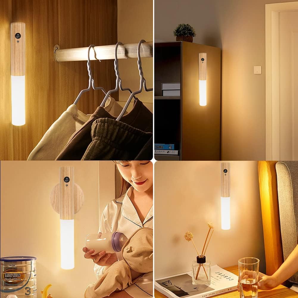 KZT Led-wandlamp met bewegingsmelder, moderne wandlamp van hout, oplaadbaar, USB, nachtlamp, 3000 K, binnenverlichting voor slaapkamer, trap, hotel, hal, warm wit