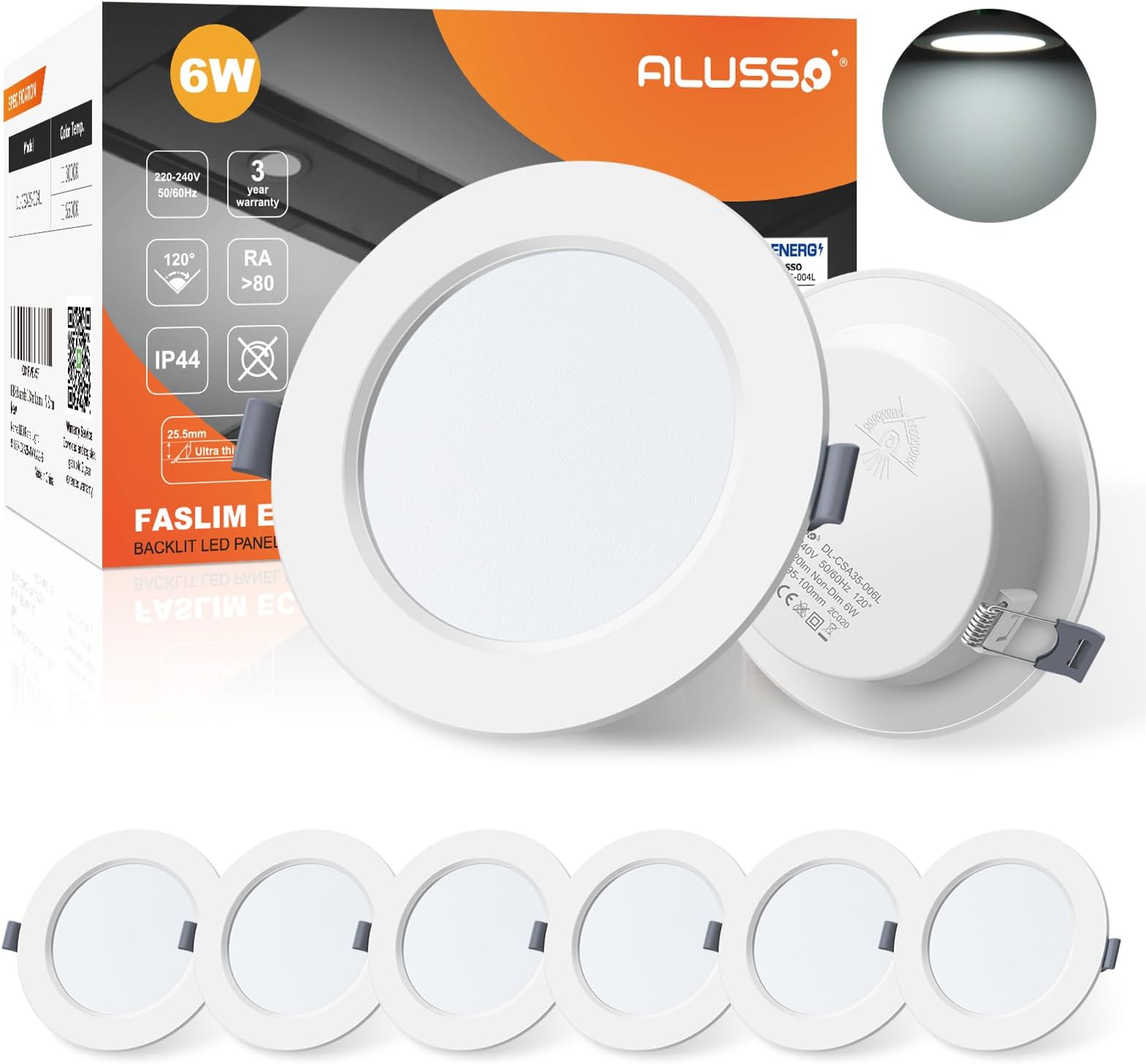 ALUSSOLED Slim Downlights for Ceiling, 6W LED Recessed Ceiling Lights 6500K Cool White, IP44 Round Spotlights for Bathroom Kitchen Living Room, 6 Pack