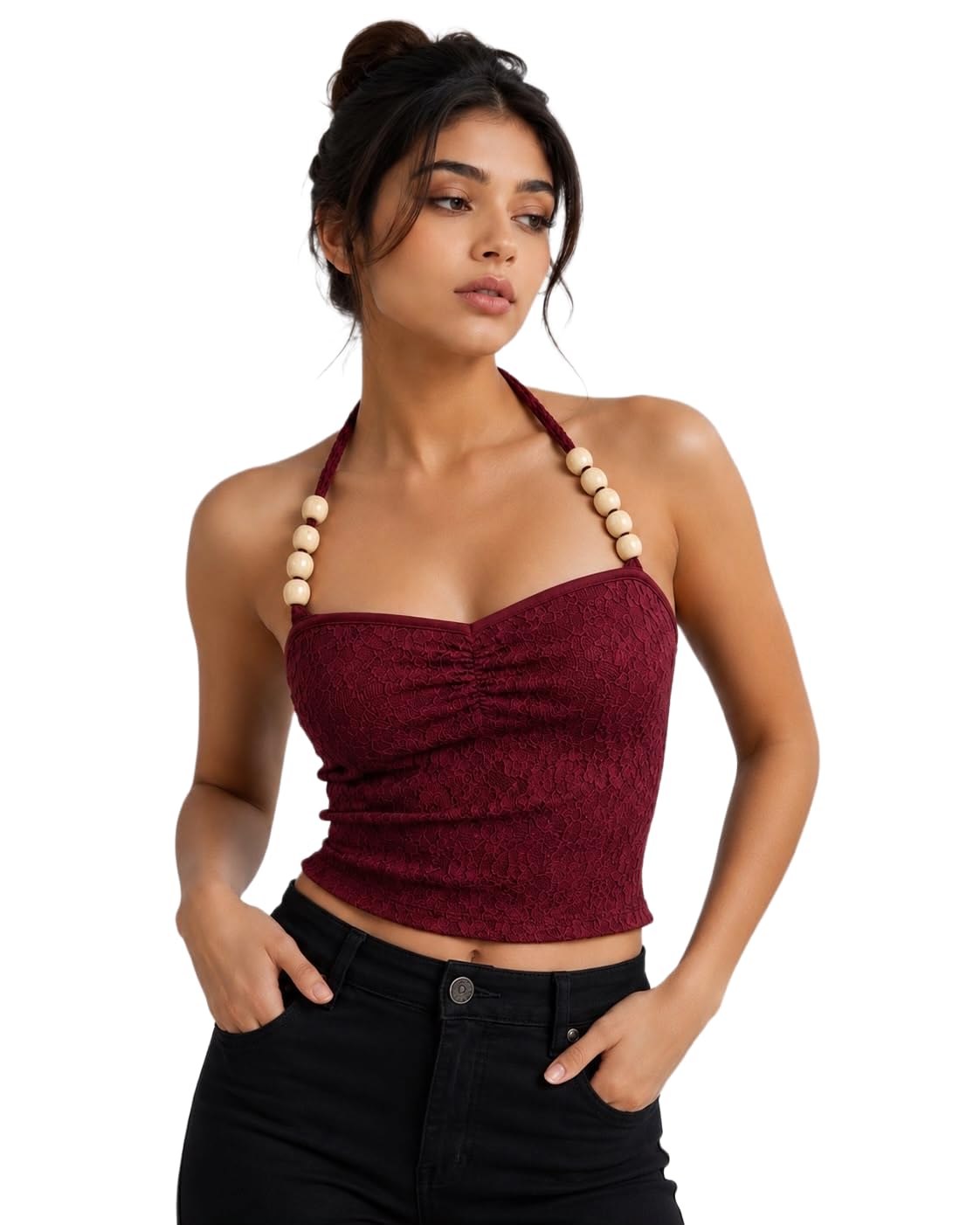 Korean Box Women’s Yellow Lace Halter Neck Crop Top with Beaded Straps, Ruched Front, Sleeveless Fitted Top for Women and Girls-image-13